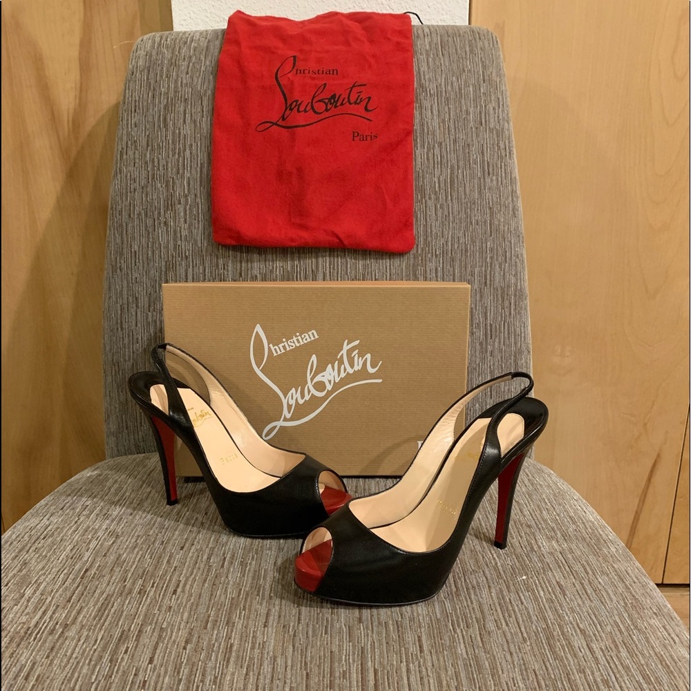 EUC Christian Louboutin black leather No Prive sling back open toe heels 38.5